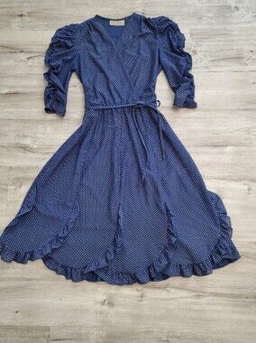 Vintage 70s 80s Navy & White Polka Dot Ruffle Mock Wrap Midi Dress Day Dress